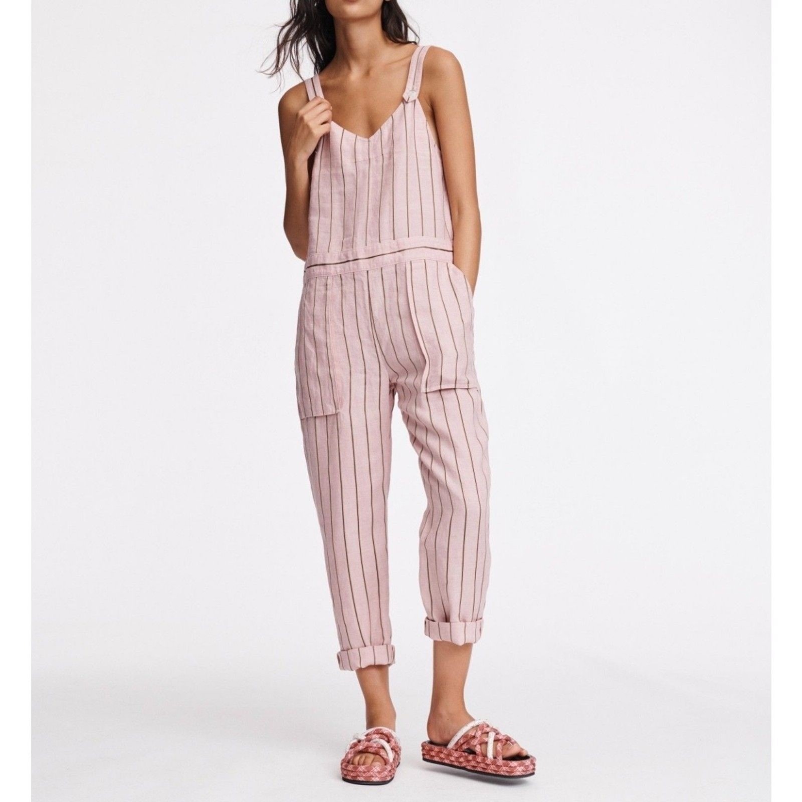 Rag & Bone Nina Tank Linen Blend Jumpsuit Overalls In Pinstripe Pink Size 0